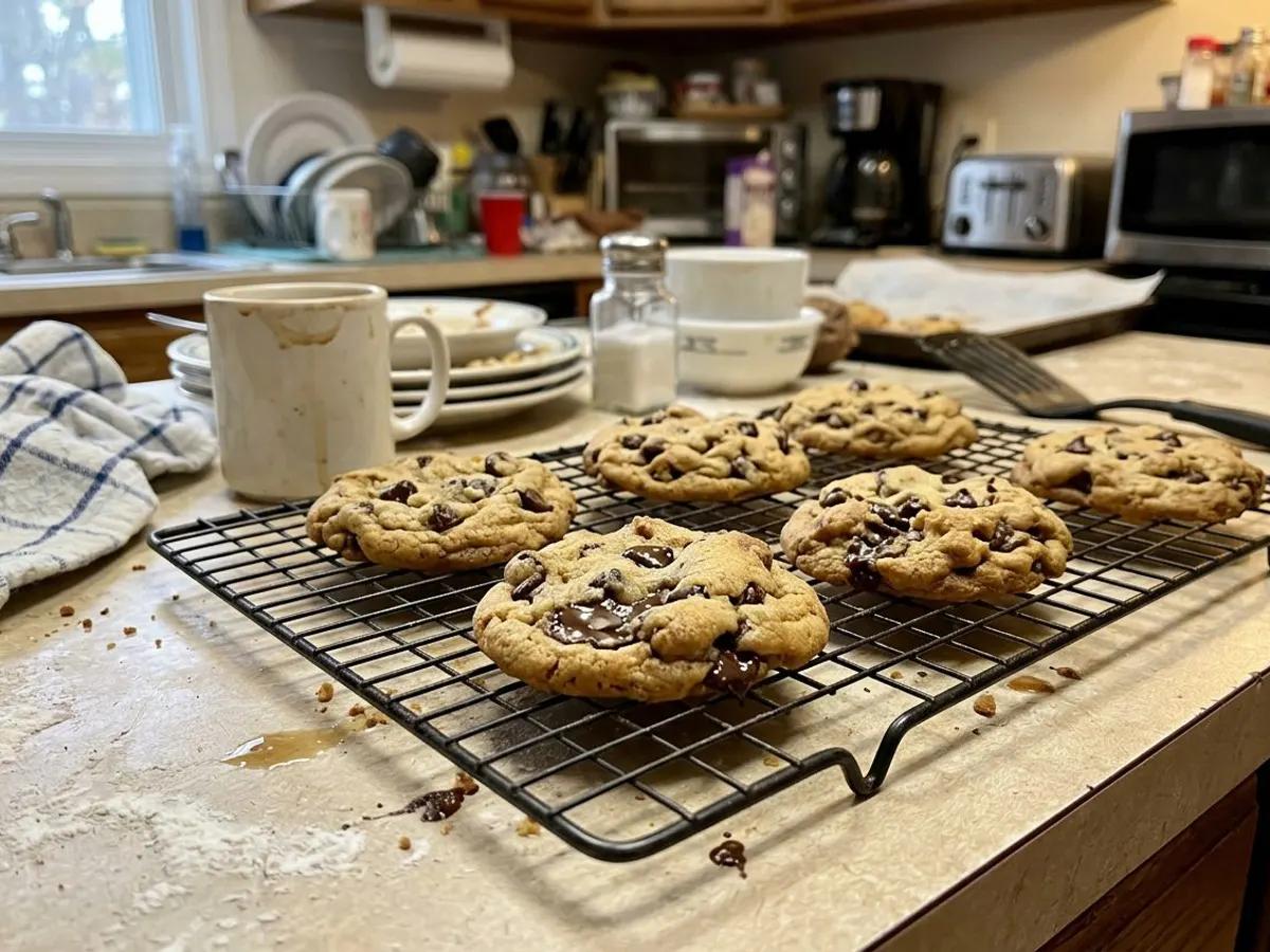 Chewy chocolate chip cookies on a cooling rack