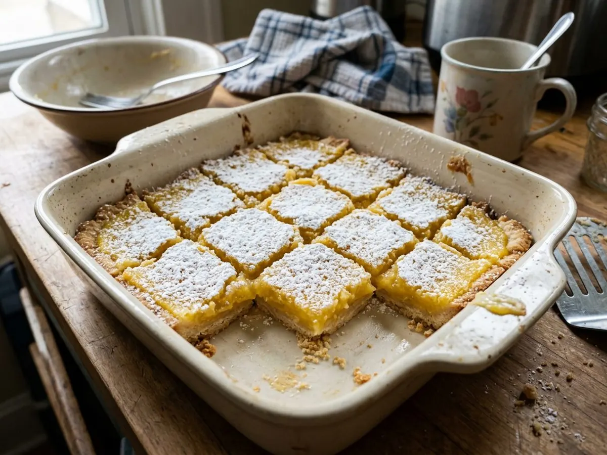 Lemon bars with shortbread crust dusted with powdered sugar